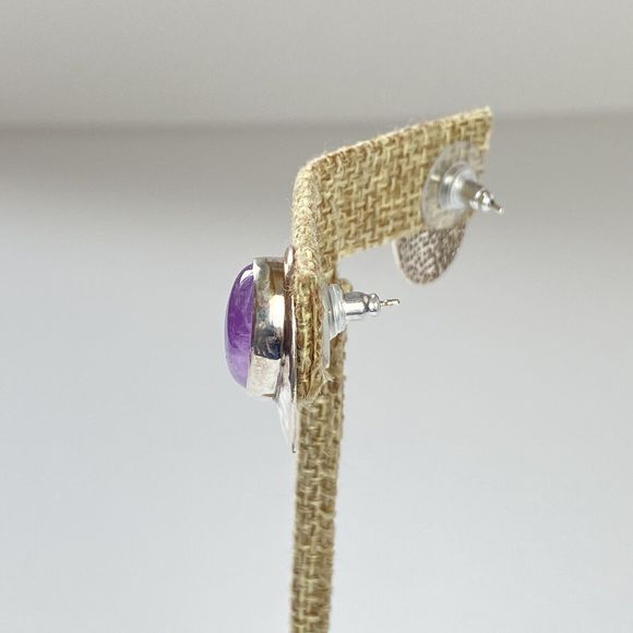 Vintage Shube Purple Oval Amethyst Hammered 925 Sterling Silver Pierced Earrings - Picture 8 of 11